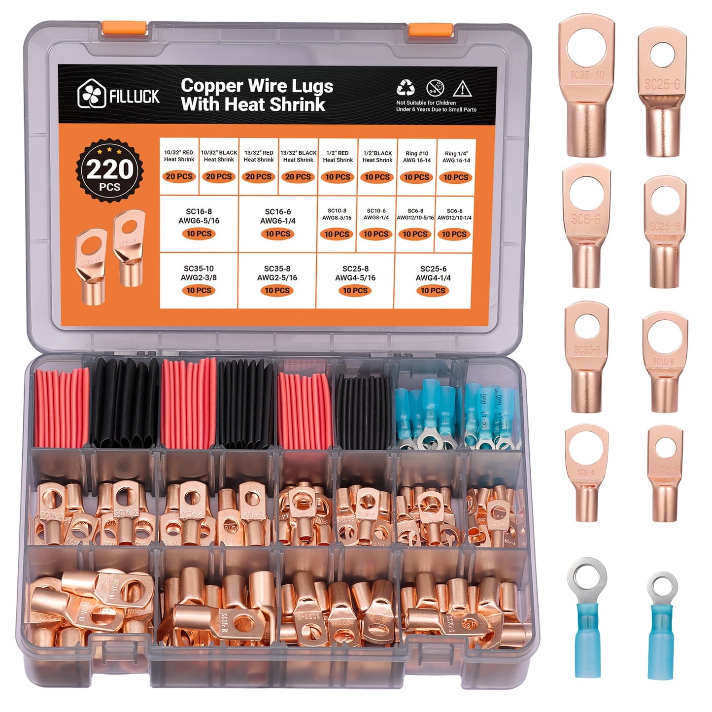 Filluck 220Pcs Copper Wire Lugs AWG 2 4 6 8 10 12 with Heat Shrink Set, Battery Cable Lugs Battery Cable Ends Ring Terminals Connectors with Heat Shrink Tubing Assortment Kit