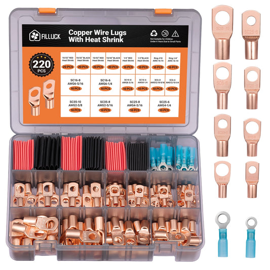 Filluck 220Pcs Copper Wire Lugs AWG 2 4 6 8 10 12 with Heat Shrink Set, Battery Cable Lugs Battery Cable Ends Ring Terminals Connectors with Heat Shrink Tubing Assortment Kit