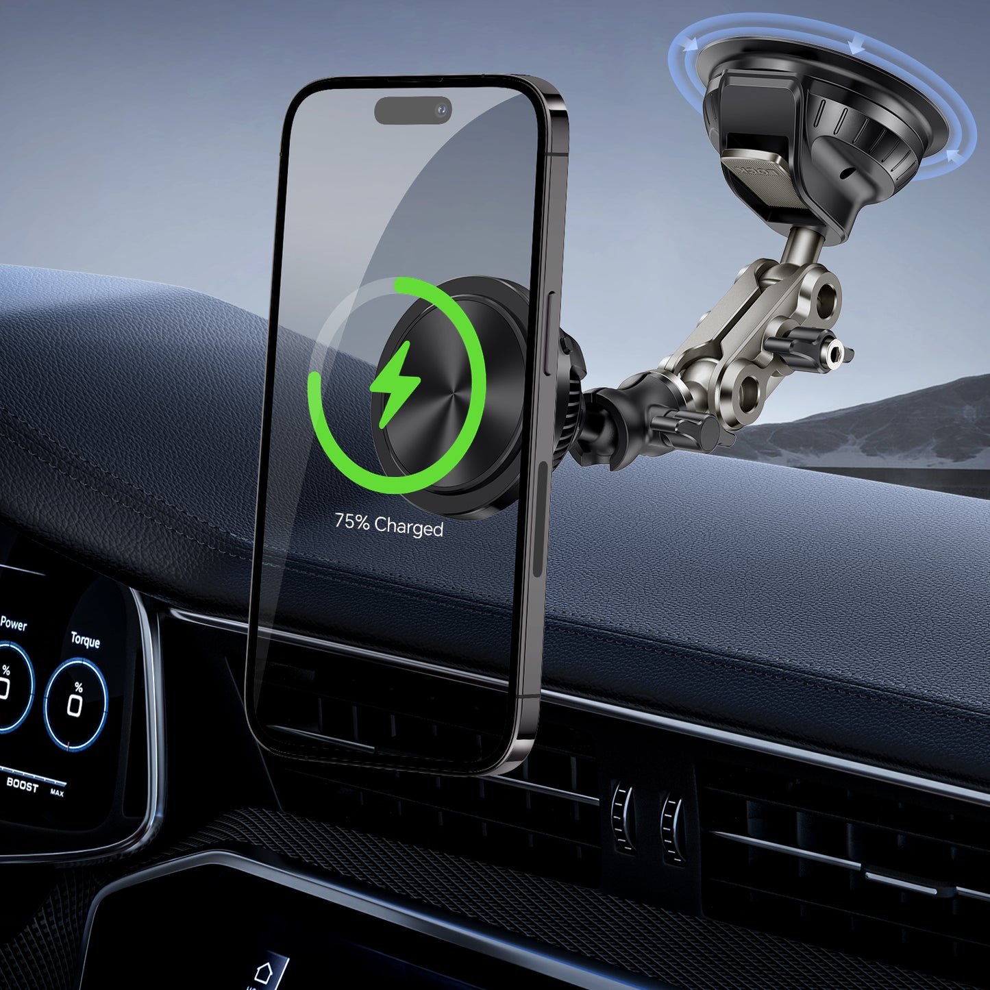 SPEEDWOW Magnetic Wireless Car Charger for MagSafe Car Mount for Dashboard & Windshield, Phone Holder 360° Suction Cup & Aluminum Alloy Telescopic Arm, 15W Fast Charging Compatible with All Smartphones