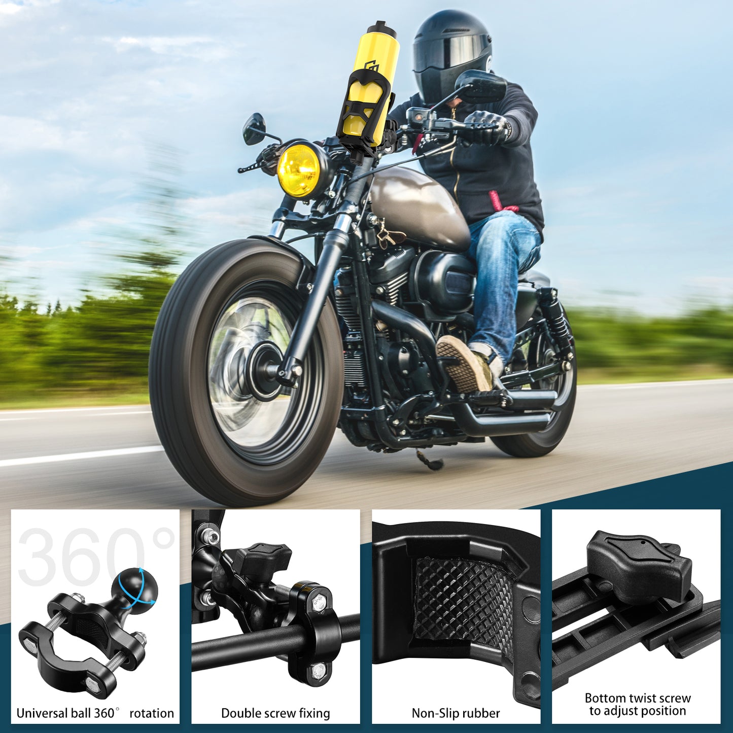 SPEEDWOW Upgraded Motorcycle Handlebar Drink Cup Holder Mount, Double Screw Fixing & Universal Ball 360° Rotation & Adjust Expandable Design, Drink Bottle Holder for Bike Motorcycle Scooter ATV