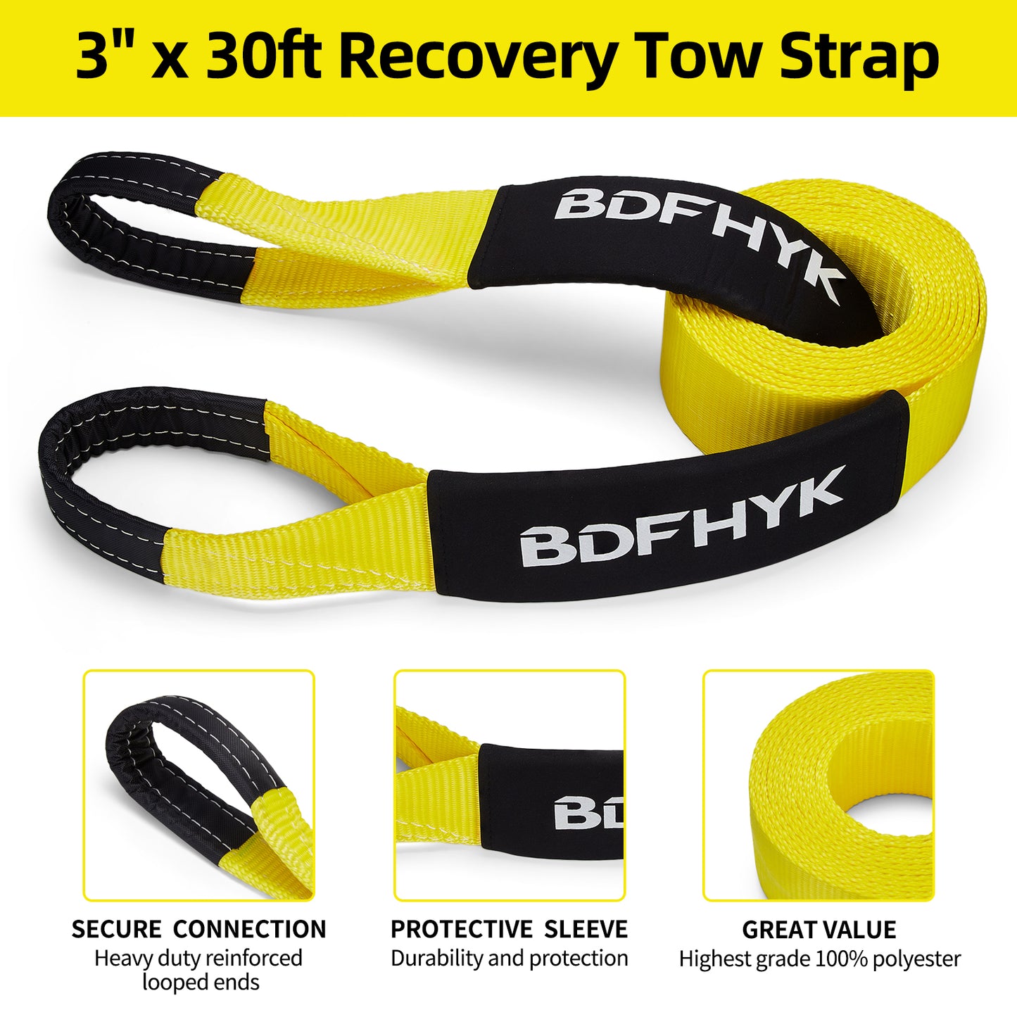 SPEEDWOW Heavy Duty Tow Strap Recovery Tow Strap 3" x 30ft |30,000 lbs(15 US Tons) Strength Winch Snatch Strap Includes Triple Reinforced Loops, Protective Sleeves & Storage Bag