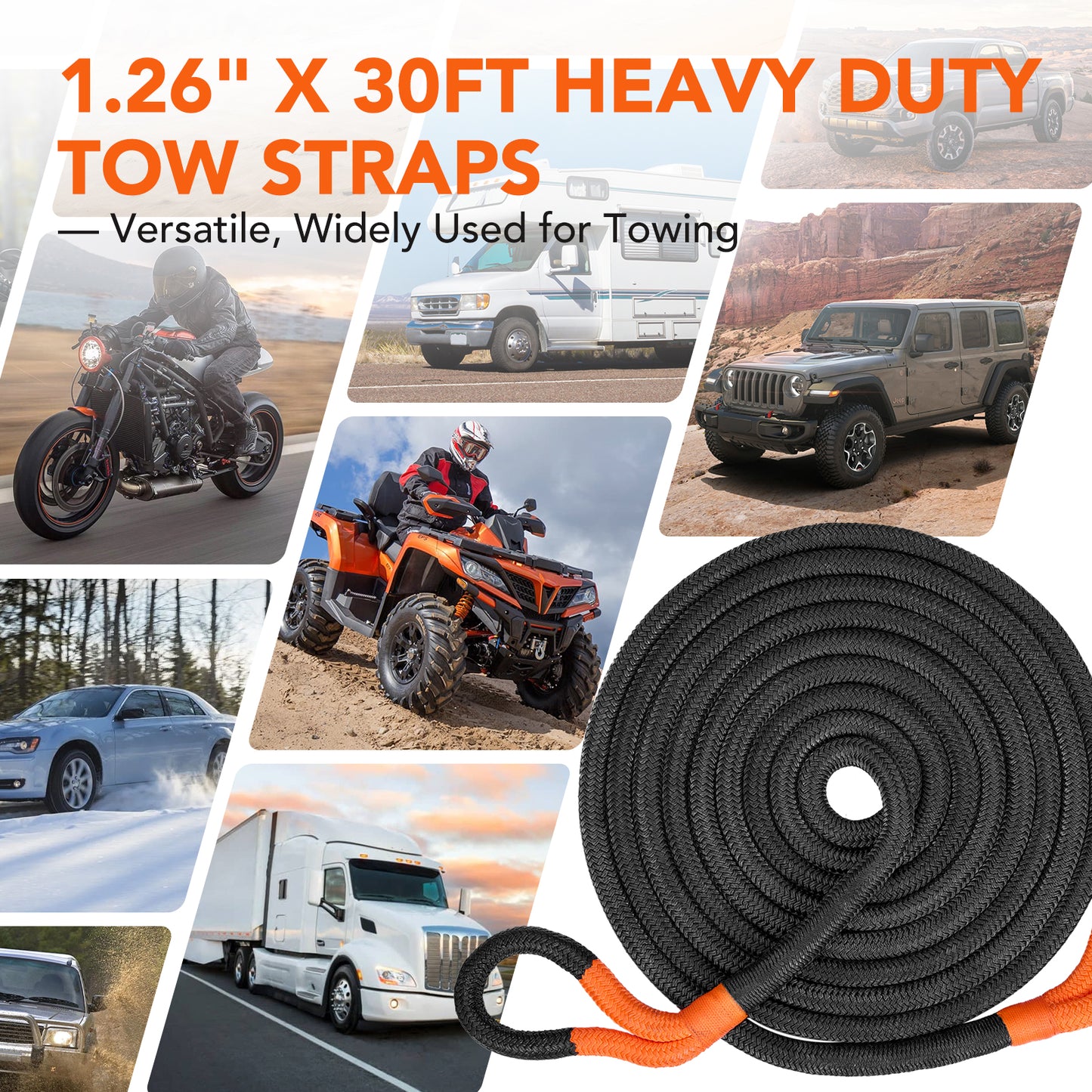 SPEEDWOW 60,000LB Kinetic Recovery Rope with 2 Soft Shackles, 1.26" x 30FT Heavy Duty Snatch Strap for Jeep, Truck, Off-Road Recovery - 35% Elasticity for Safe Vehicle Extraction