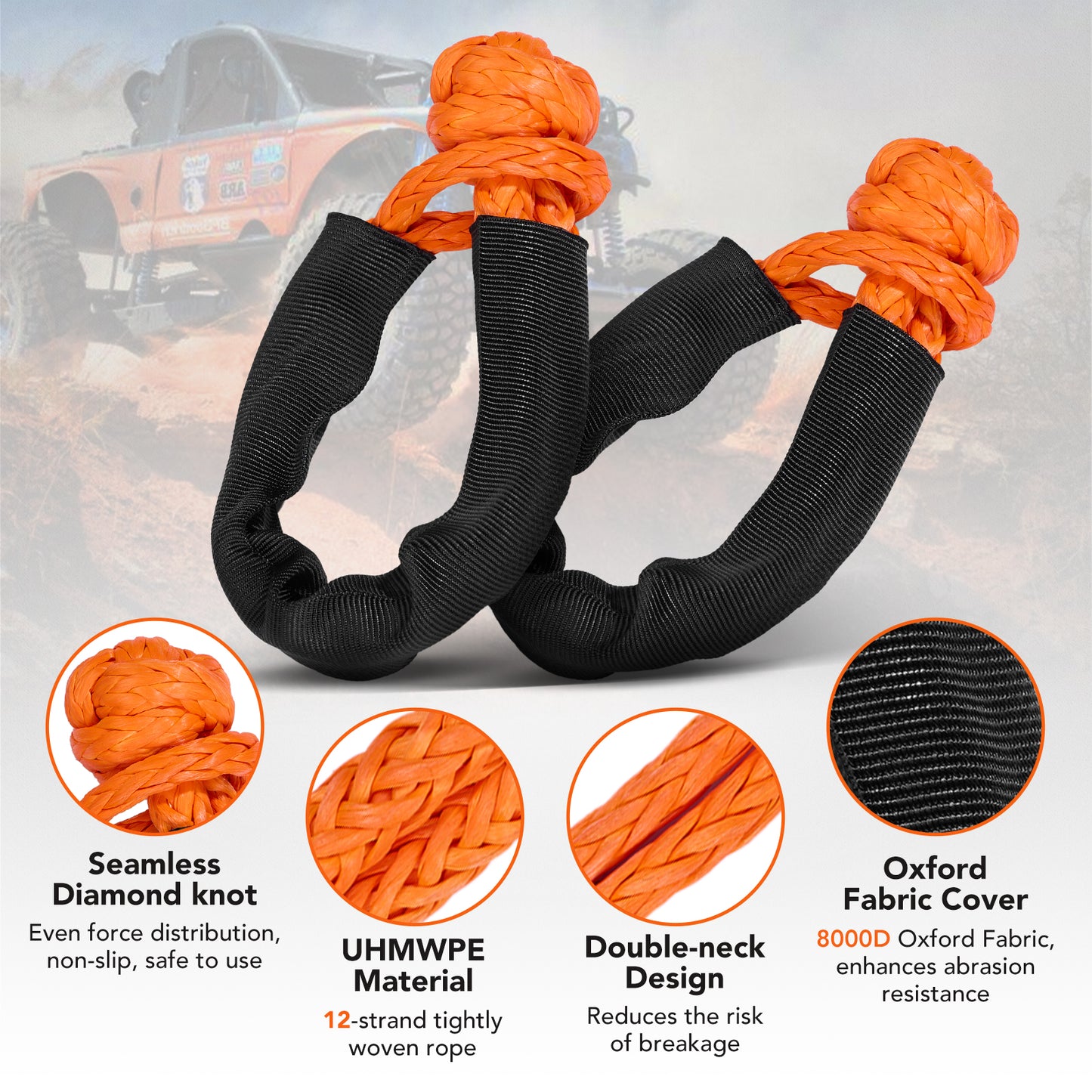 SPEEDWOW 60,000LB Kinetic Recovery Rope with 2 Soft Shackles, 1.26" x 30FT Heavy Duty Snatch Strap for Jeep, Truck, Off-Road Recovery - 35% Elasticity for Safe Vehicle Extraction