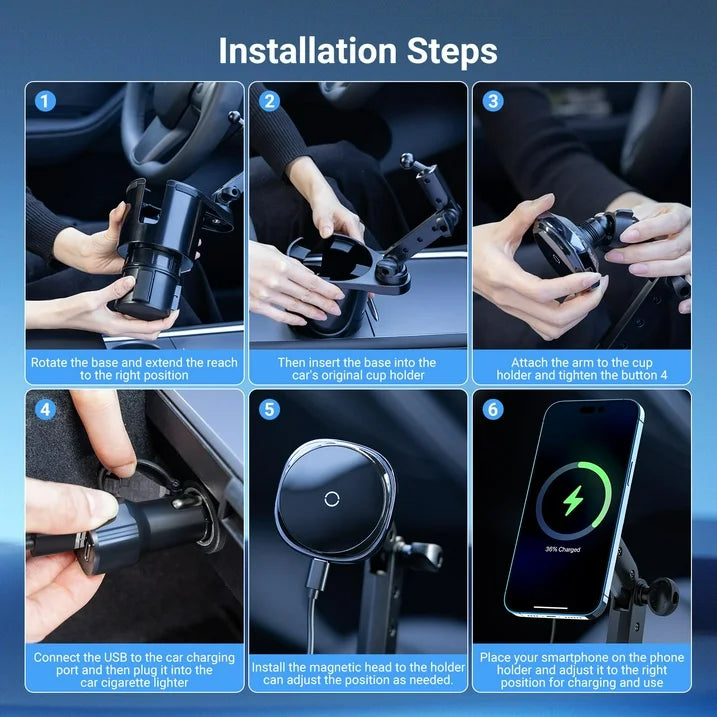 SPEEDWOW 3-in-1 Magnetic Car Wireless Charger Mount with Cup Holder Expander, 15W Fast Charging for iPhone 16/15/14/13/12 Series, Adjustable Arm & QC3.0 Adapter Included