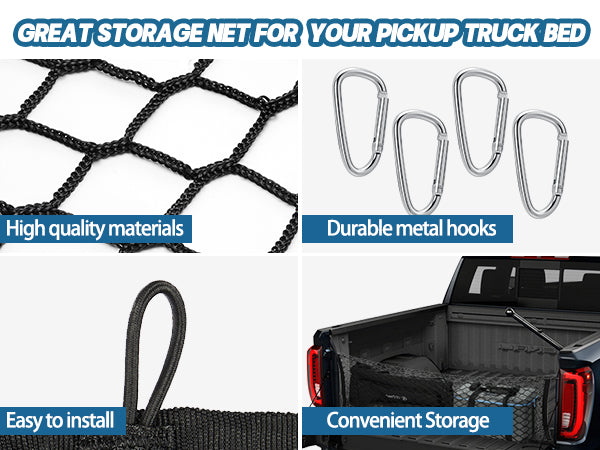 SPEEDWOW Pickup Truck Cargo Net, Envelope Style Trunk Organizers and Storage Net with 4 Metal Hooks, Fit for Silverado 2013-2022, GMC Sierra 2013-2022 and F150 2015-2022