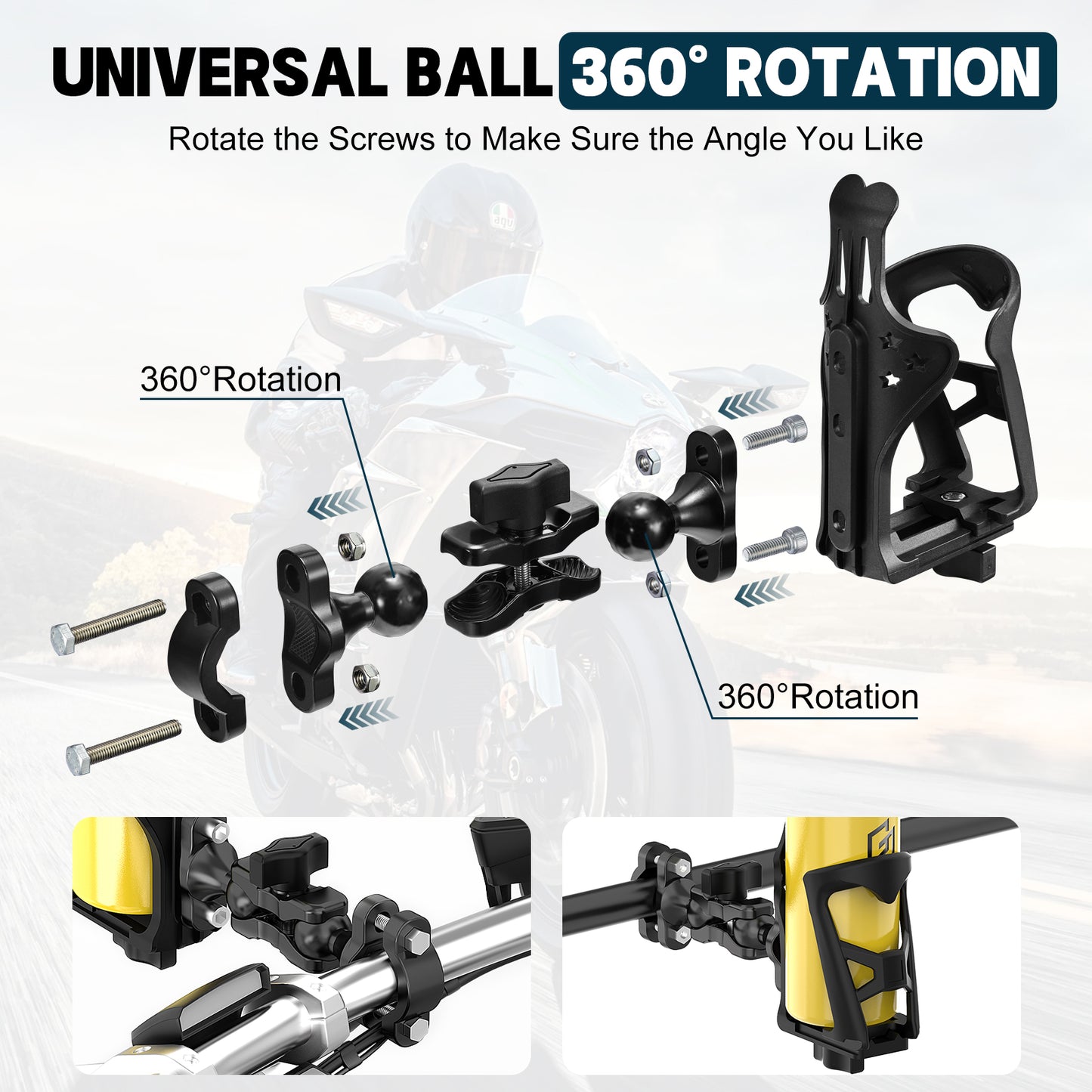 SPEEDWOW Upgraded Motorcycle Handlebar Drink Cup Holder Mount, Double Screw Fixing & Universal Ball 360° Rotation & Adjust Expandable Design, Drink Bottle Holder for Bike Motorcycle Scooter ATV