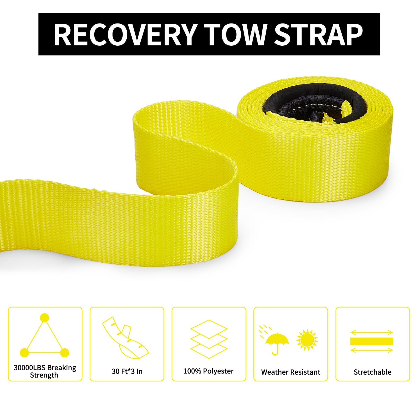 SPEEDWOW Heavy Duty Tow Strap Recovery Tow Strap 3" x 30ft |30,000 lbs(15 US Tons) Strength Winch Snatch Strap Includes Triple Reinforced Loops, Protective Sleeves & Storage Bag
