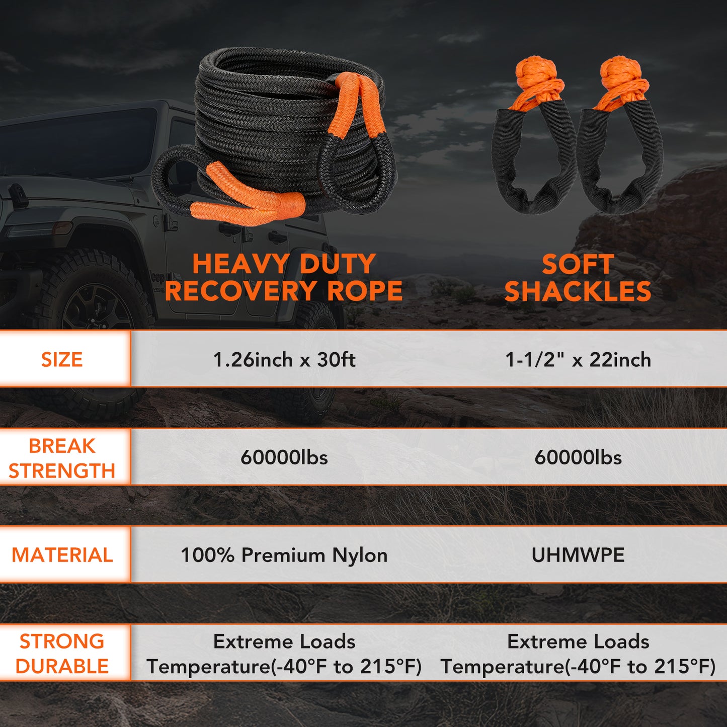 SPEEDWOW 60,000LB Kinetic Recovery Rope with 2 Soft Shackles, 1.26" x 30FT Heavy Duty Snatch Strap for Jeep, Truck, Off-Road Recovery - 35% Elasticity for Safe Vehicle Extraction