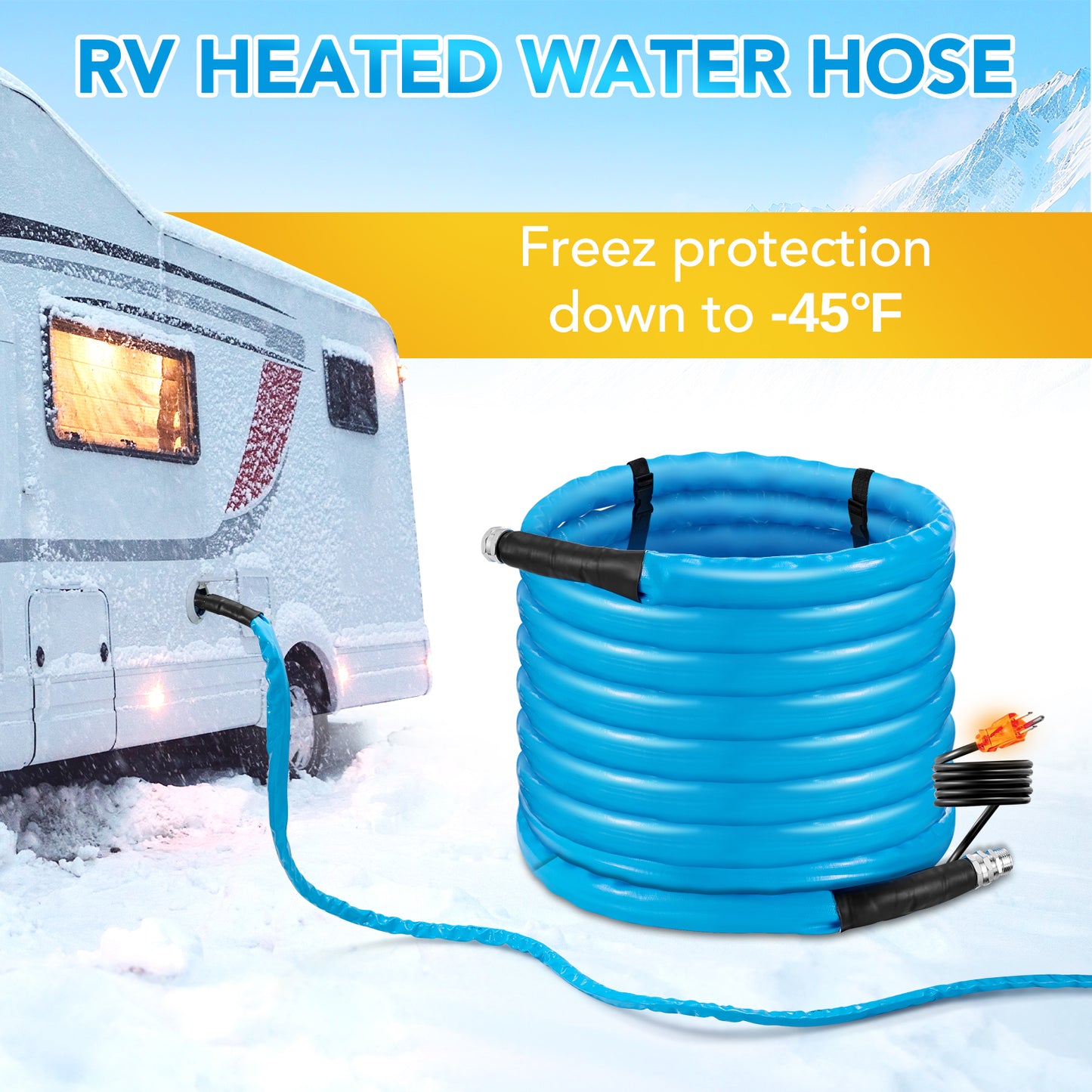 15FT Heated Drinking Water Hose for RV, Water Line Freeze Protection Down to -43.6°F/-42°C Heavy Duty Heated RV Fresh Water Hose for RV, Camper, Energy Saving Thermostat, No Leaks, Lead and BPA Free
