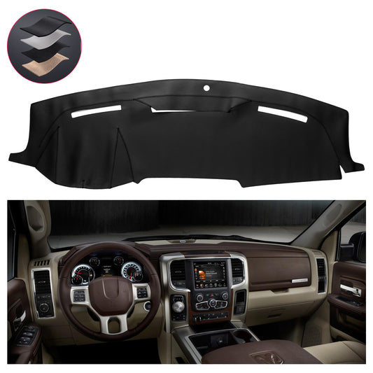 SPEEDWOW PU Leather Dash Pad for 2010-2018 Dodge Ram 1500 2500 3500, Sun Protection Anti-Vertigo Mat Blanket, Waterproof Non-Slip Dashboard Cover, Dustproof & Scratch-Resistant, Black