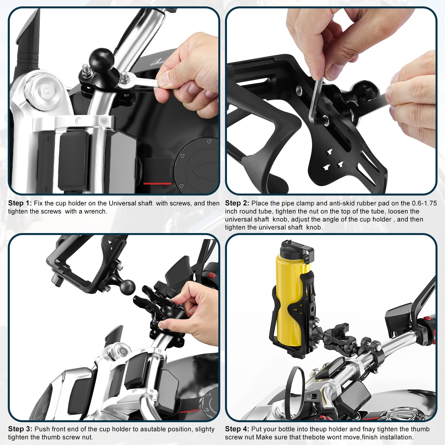 SPEEDWOW Upgraded Motorcycle Handlebar Drink Cup Holder Mount, Double Screw Fixing & Universal Ball 360° Rotation & Adjust Expandable Design, Drink Bottle Holder for Bike Motorcycle Scooter ATV