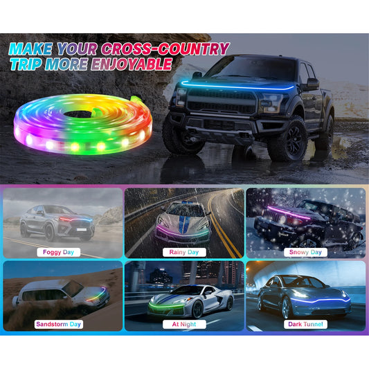 SPEEDWOW SPEEDWOW RGB-1.8M-1 LED Exterior Decorative Lights fits Cars, Exterior RGB Multicolor Dynamic Scan Start Up Daytime Running Hood Lights, 1 Piece