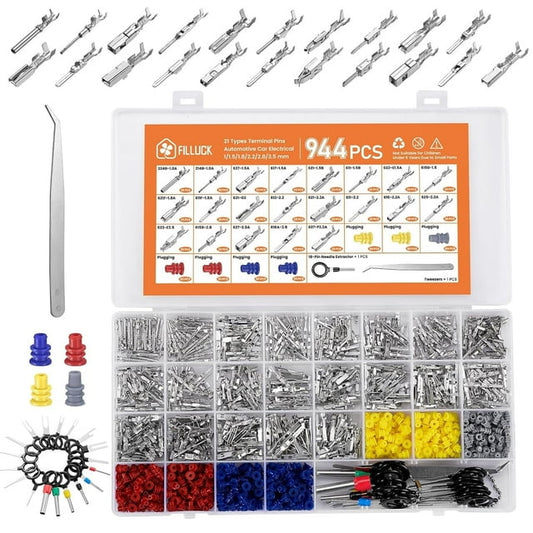 Filluck 944PCS Car Electrical Wire Terminal Pins Connector Kit 21Type 1/1.5/1.8/2.2/2.8/3.5mm Connector Pins Terminal Auto Electric Connector Non-Insulated Plug Removal Male Female Crimp Pins