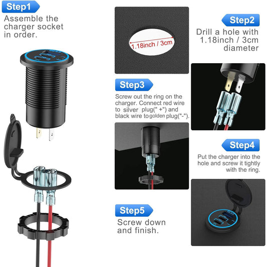 SPEEDWOW Dual USB Quick Charge 3.0 Port & PD USB C Car Charger Socket, 12V USB Outlet with Voltmeter and Power Switch for Car Boat Marine Truck