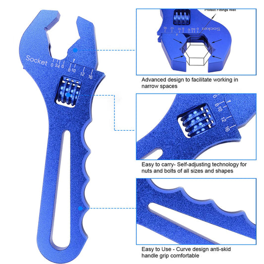 SPEEDWOW Adjustable Wrench Blue Aluminum Tool Spanner 3AN-16AN for Hose End Fitting Car Repair Tool