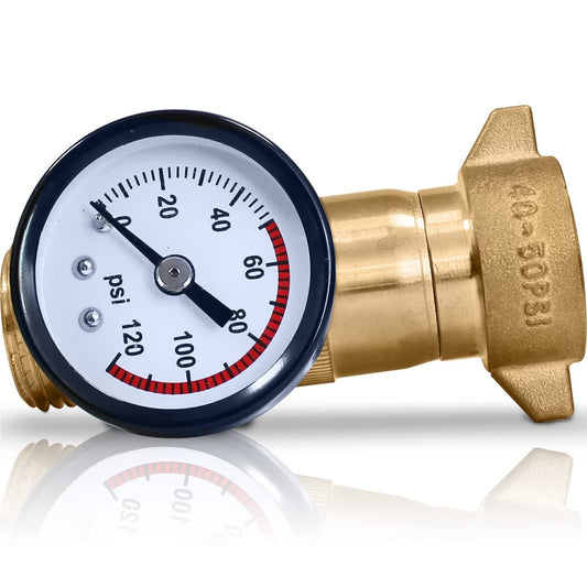 SPEEDWOW Brass RV Water Pressure Regulator (40-50PSI) with Gauge and Filter Screen, 3/4” NH Lead-Free Monitor Water Hose Pressure for RV Camper/Travel Trailer/Garden/RV Plumbing System - Easy Read Gauge