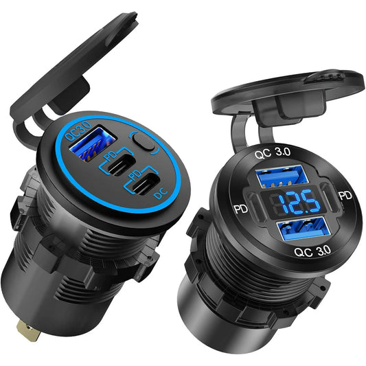 SPEEDWOW Dual USB Quick Charge 3.0 Port & PD USB C Car Charger Socket, 12V USB Outlet with Voltmeter and Power Switch for Car Boat Marine Truck