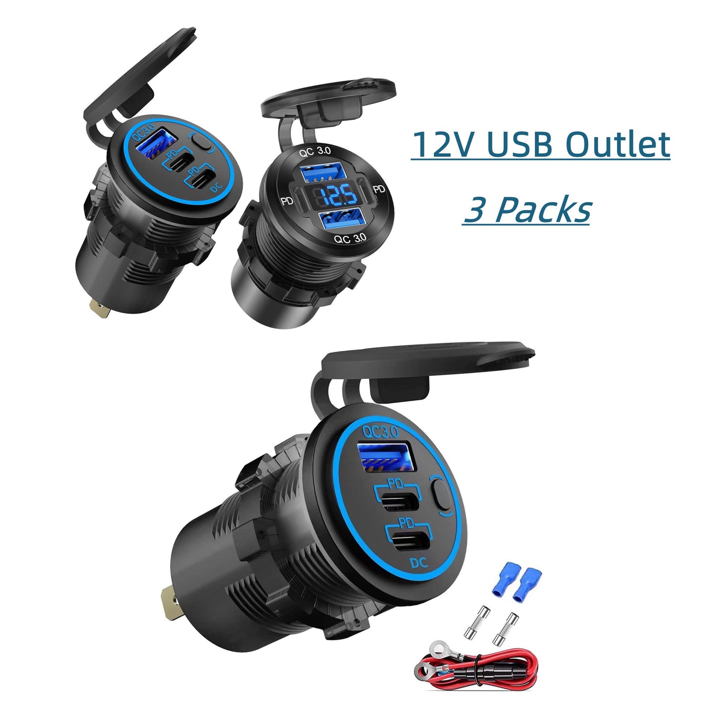 SPEEDWOW Dual USB Quick Charge 3.0 Port & PD USB C Car Charger Socket, 12V USB Outlet with Voltmeter and Power Switch for Car Boat Marine Truck