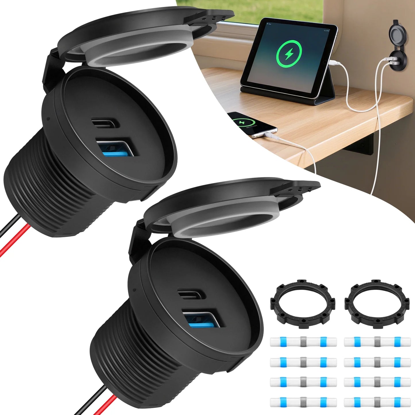 SPEEDWOW 2 Packs RV USB Outlet, 36W Dual PD3.0 & QC3.0 USB Car Charger Socket Waterproof Power Outlet Recessed Mount 12V/24V Type A Type C Outlet Fast Charging for RV Camper Trailer Boat Golf Cart