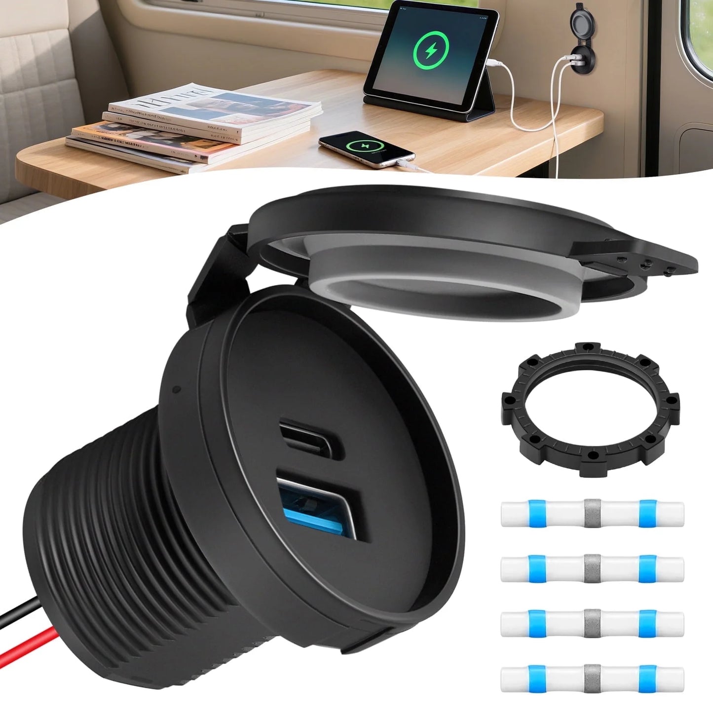 SPEEDWOW RV USB Outlet, 36W Dual PD3.0 & QC3.0 USB Car Charger Socket Waterproof Power Outlet Recessed Mount 12V/24V Type A Type C Outlet Fast Charging for RV Camper Trailer Boat Marine Golf Cart