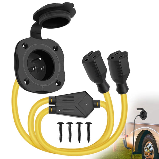 SPEEDWOW 15A AC Port Plug, 125V RV Shore Power Inlet Socket NEMA 5-15 Waterproof Electrical Outlet Receptacle Box with Integrated Dual 16" Extension Cord, Y Splitter Plug for RV/Trailer/Boat