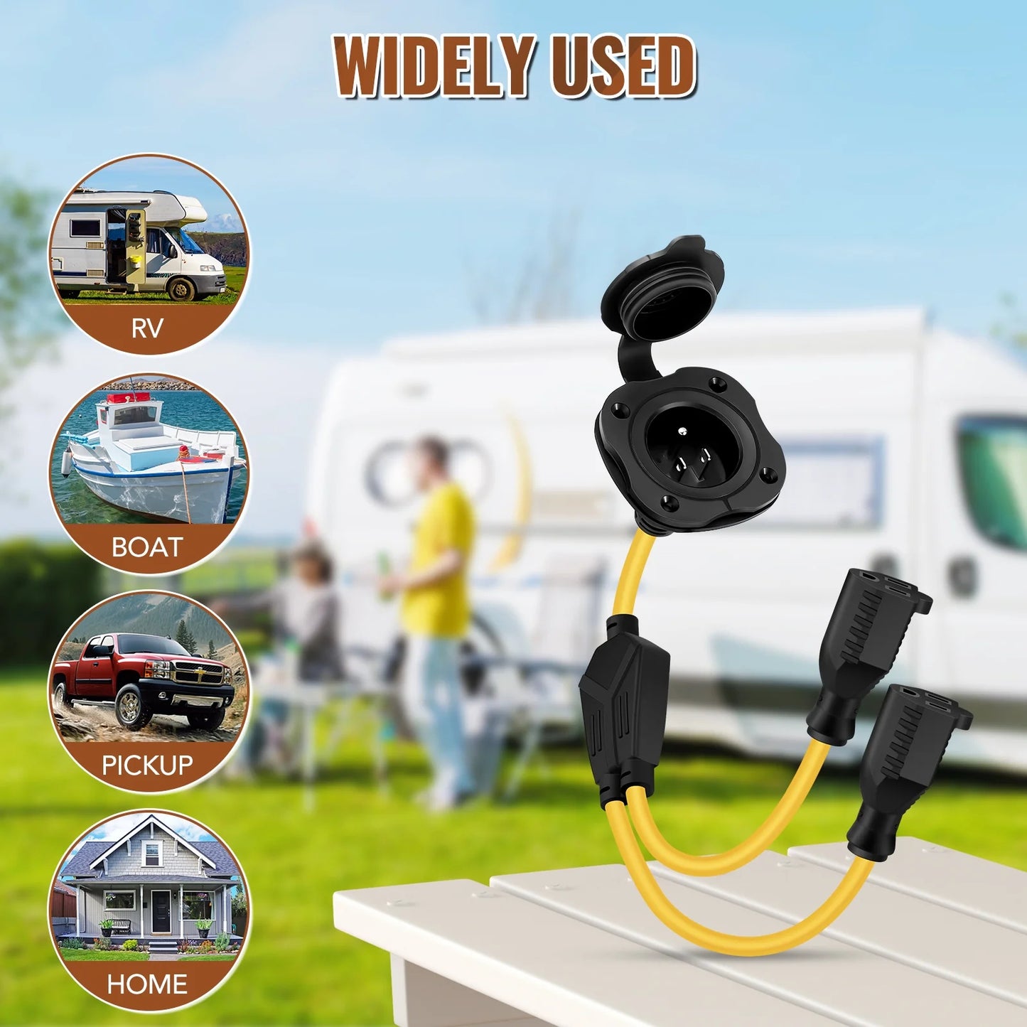 SPEEDWOW 15A AC Port Plug, 125V RV Shore Power Inlet Socket NEMA 5-15 Waterproof Electrical Outlet Receptacle Box with Integrated Dual 16" Extension Cord, Y Splitter Plug for RV/Trailer/Boat