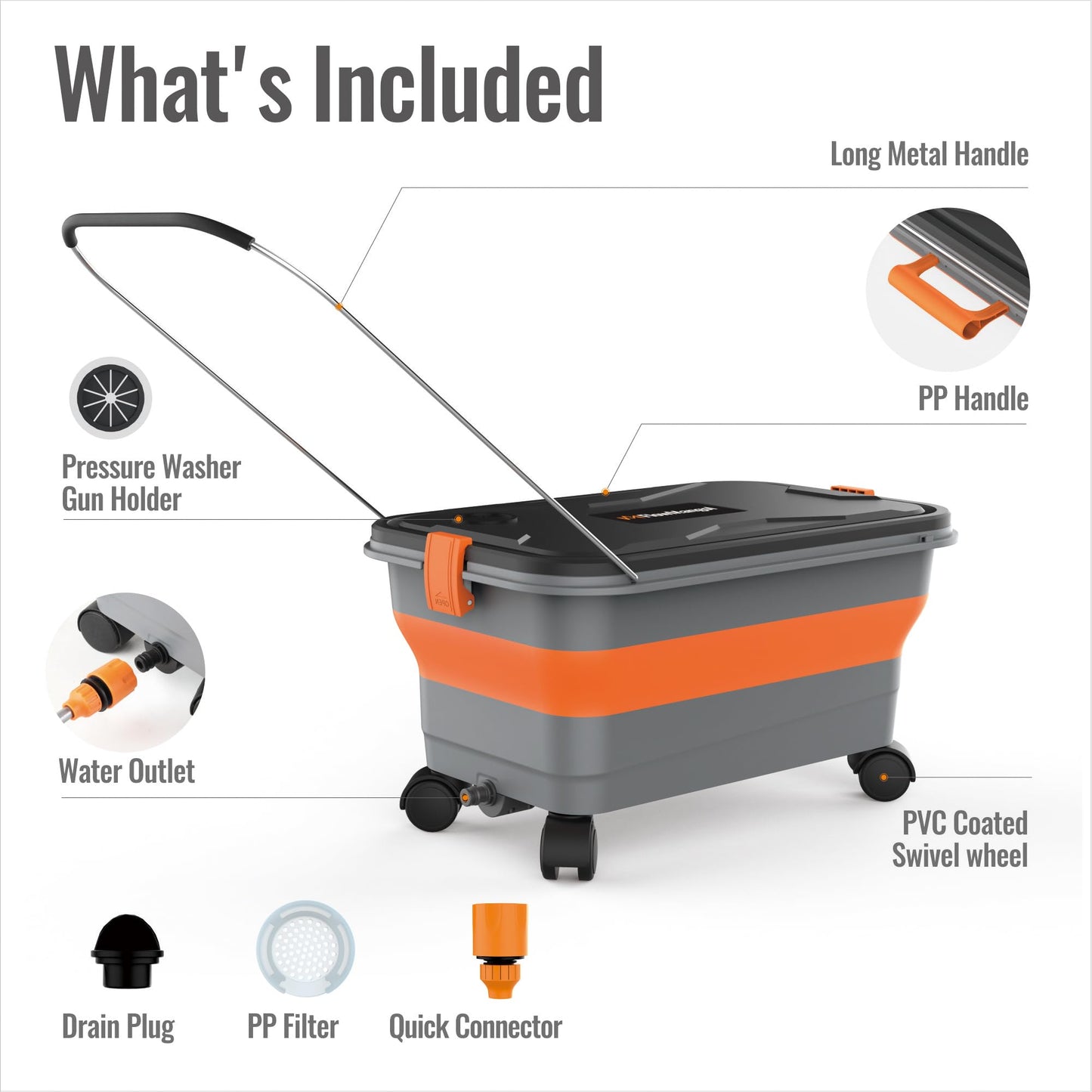 SPEEDWOW Collapsible Car Wash Bucket with Wheels, 5.5 Gallon Folding Portable Bucket with Handle, Drain Plug & Water Outlet, Multi-Purpose for Car Washing, Camping, RV, Pet Bath, Laundry
