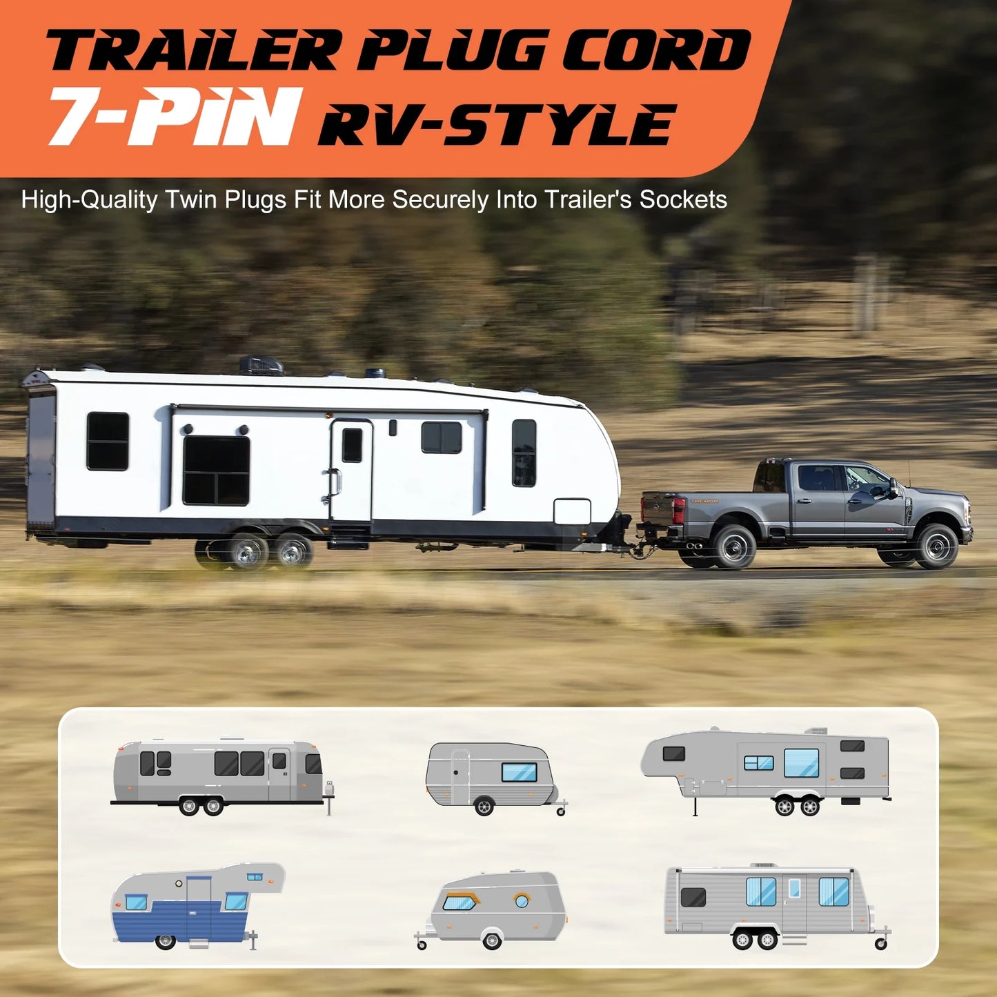 SPEEDWOW 7-Pin/7-Way Trailer Plug Connector Cord, Heavy Duty Waterproof 7-Wire Trailer Cable with Double Prongs for Brake & Light Control, Compatible with RV, Truck, Trailer, Camper
