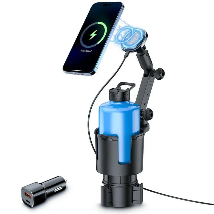 SPEEDWOW 3-in-1 Magnetic Car Wireless Charger Mount with Cup Holder Expander, 15W Fast Charging for iPhone 16/15/14/13/12 Series, Adjustable Arm & QC3.0 Adapter Included