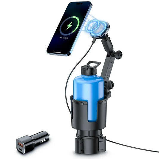 SPEEDWOW 3-in-1 Magnetic Car Wireless Charger Mount with Cup Holder Expander, 15W Fast Charging for iPhone 16/15/14/13/12 Series, Adjustable Arm & QC3.0 Adapter Included