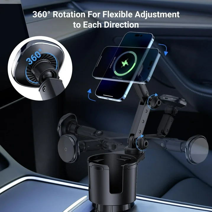 SPEEDWOW 3-in-1 Magnetic Car Wireless Charger Mount with Cup Holder Expander, 15W Fast Charging for iPhone 16/15/14/13/12 Series, Adjustable Arm & QC3.0 Adapter Included