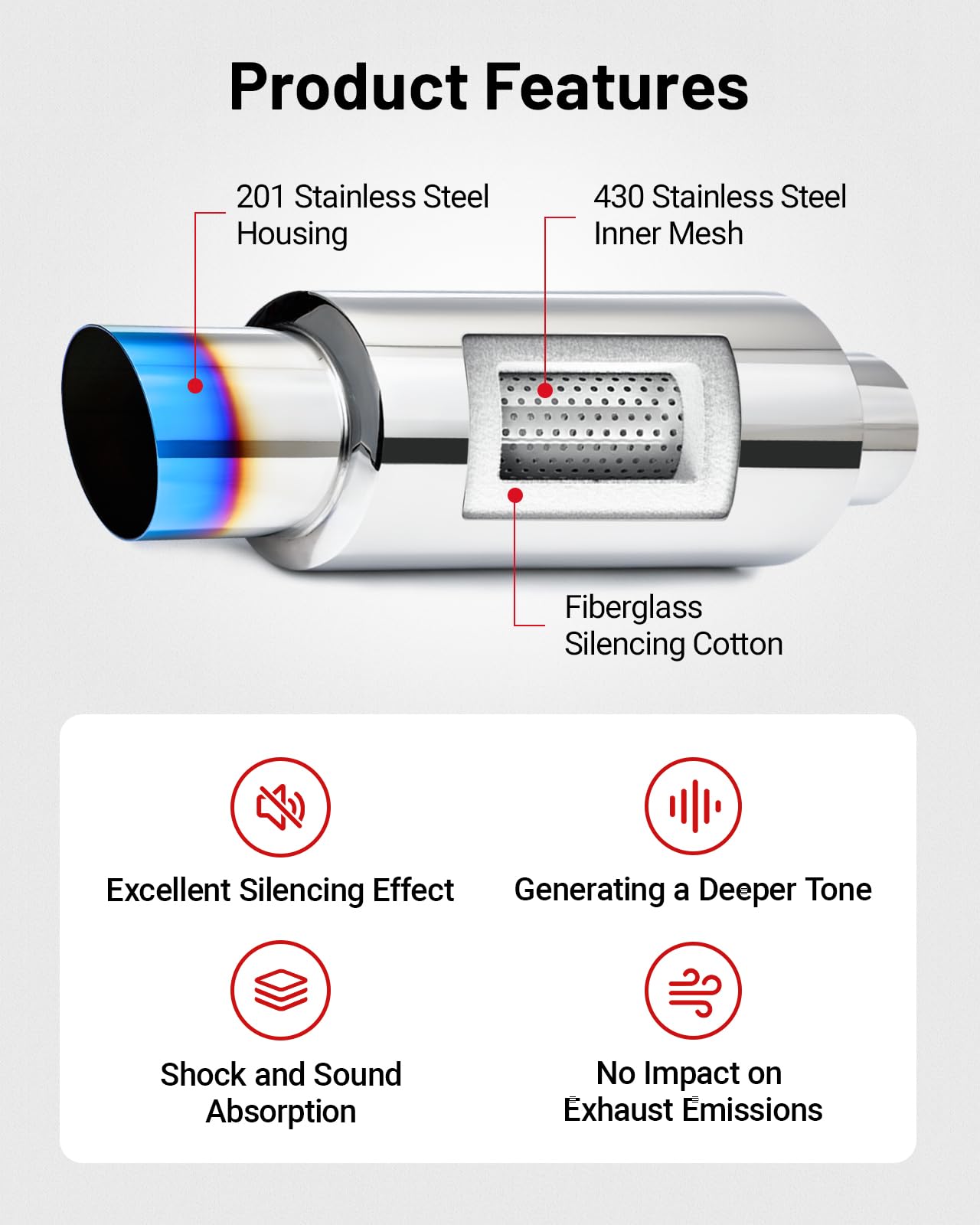 SPEEDWOW Exhaust Muffler, Straight Through Stainless Steel Exhaust Tip 15" Length 2.25" Inlet 3" Outlet Universal for Car Sedan SUV Truck Vehicles (Burnt)