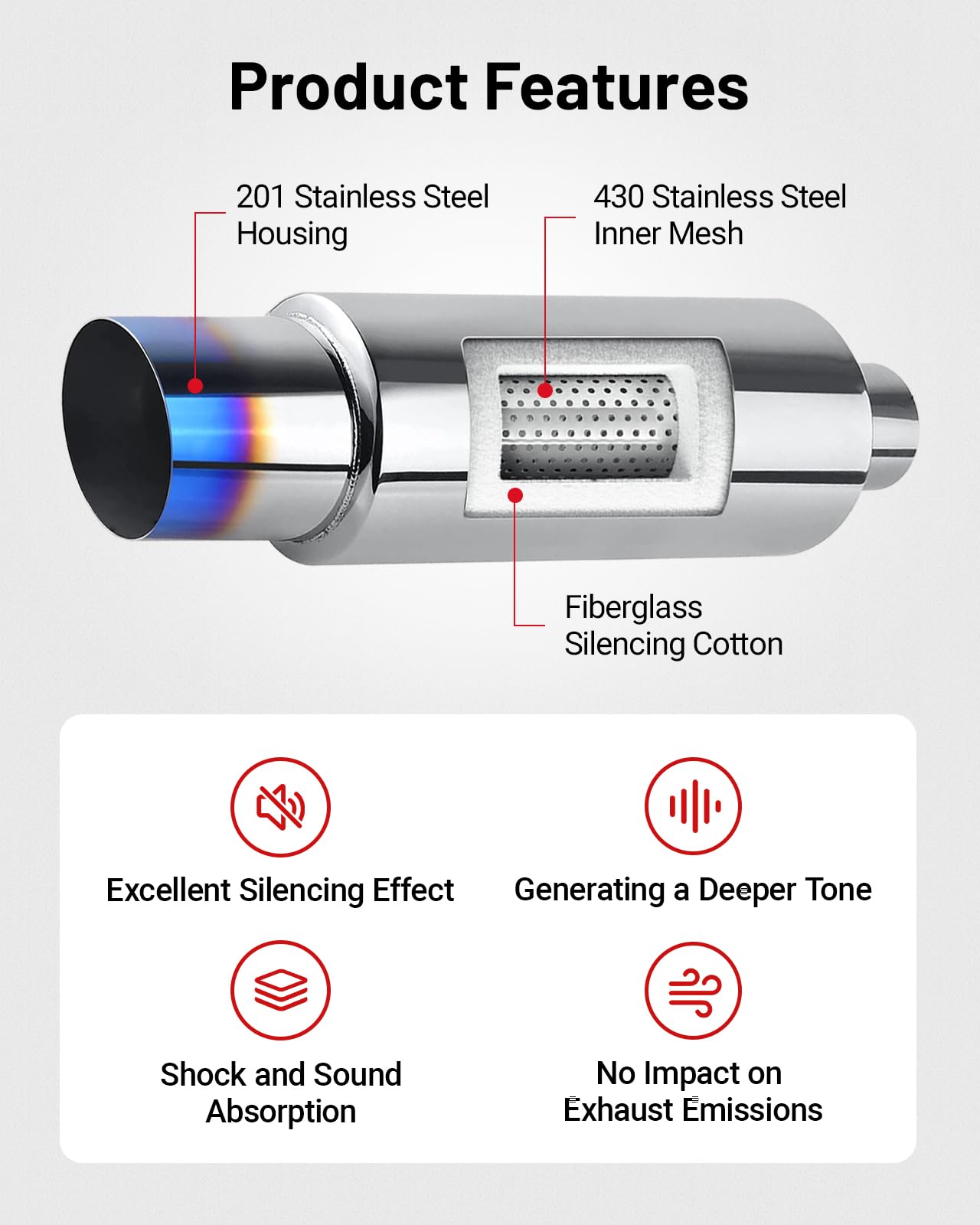 SPEEDWOW Exhaust Muffler, Straight Through Stainless Steel Exhaust Tip 15" Length 2" Inlet 3" Outlet, 1 Pack