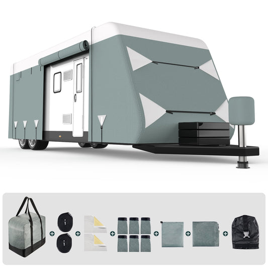 Filluck Travel Trailer RV Cover Upgraded 6 Layers Top 3 Layers Side Waterproof Camper Cover for 20.1-22FT RV with Ladder Cap Cover,Tongue Jack Cover, Gutter Covers and Extra Windproof Ropes