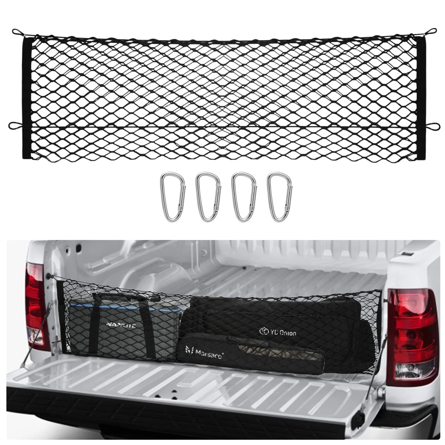 Filluck 2PCS Cargo Net for Pickup Truck Bed, 50" Mesh Trunk Organizer with 4 Metal Hooks, Fit for Silverado 2013-2022, GMC Sierra 2013-2022 and F150 2015-2022