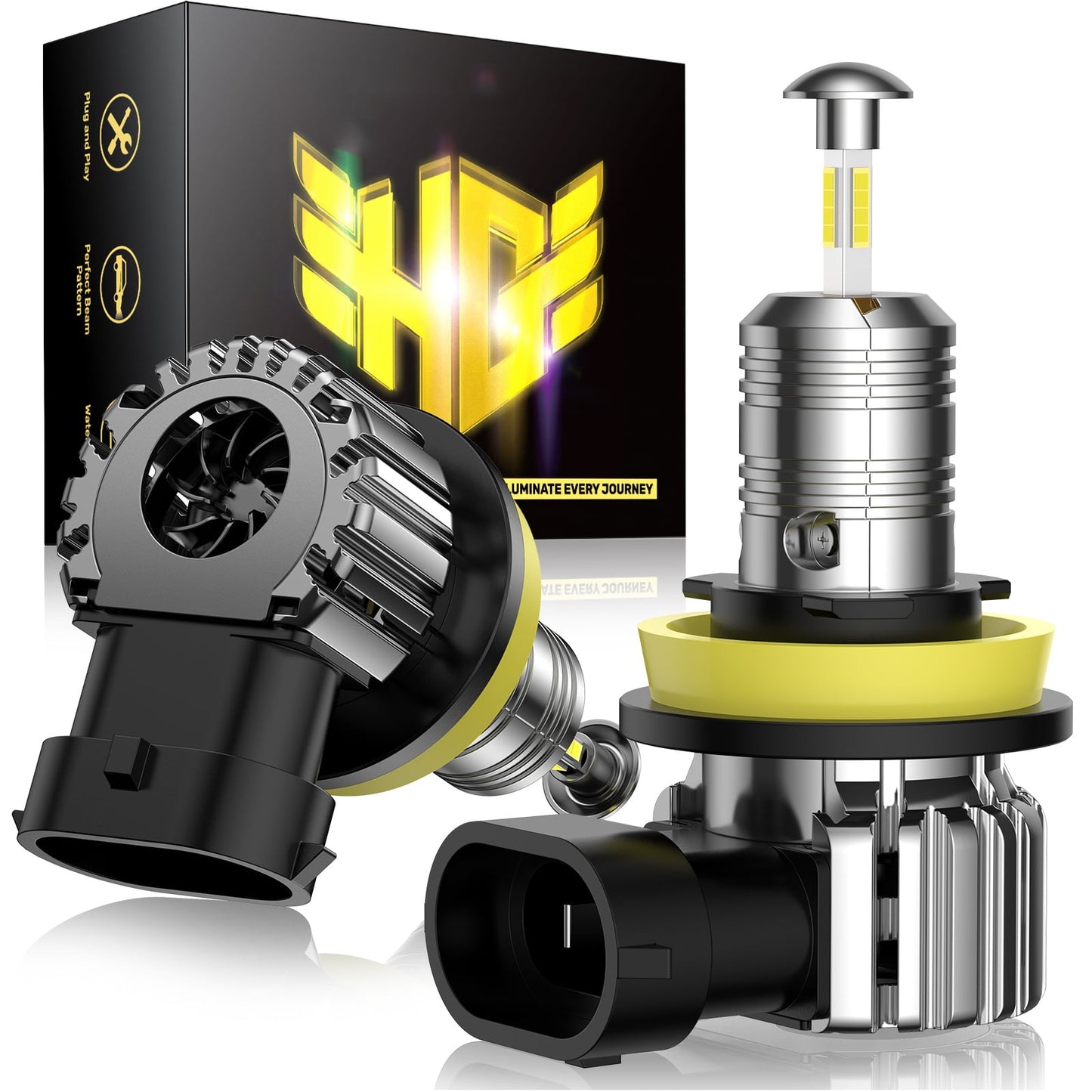 Pr360¡ã Full Illumination 60W 6500K 20000LM IP68 Rated LED Headlight Bulbs (2 Pcs) for T6F, H11/H8/H9