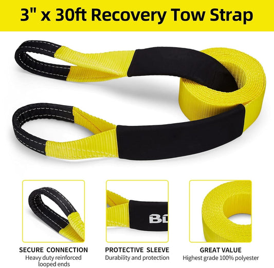 FILLUCK 3" x 30Ft Heavy Duty Tow Strap, 35,000 lbs Recovery Rope with Reinforced Loops, Sleeves & Storage Bag for Truck, SUV, Jeep, ATV