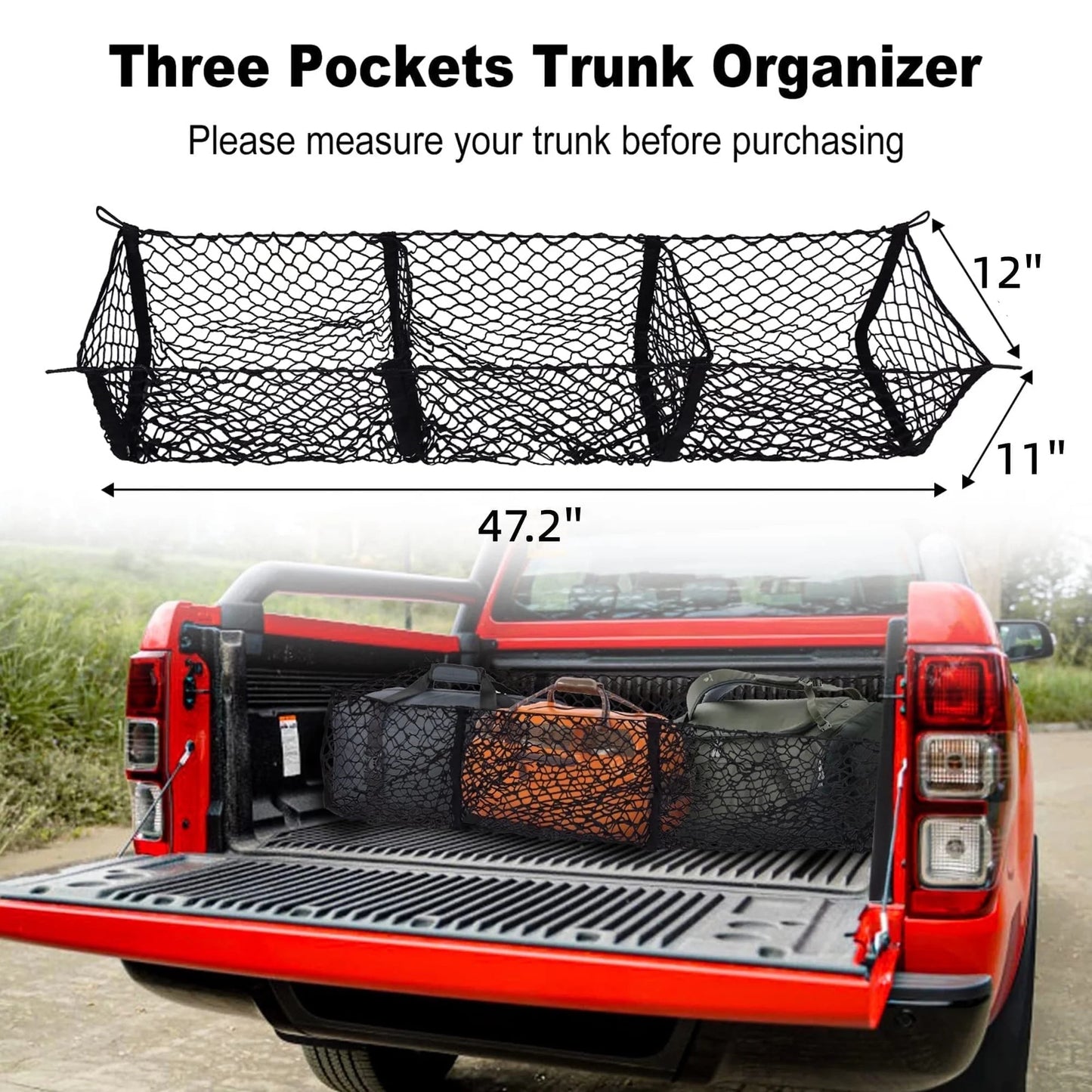 Filluck 2PCS Cargo Net for Pickup Truck Bed, 3 Pocket Trunk Organizer 47.2" Stretches to 62" Mesh Storage Net for Ford/Dodge/GMC/Chevy Silverado/Toyota/Nissan/Honda