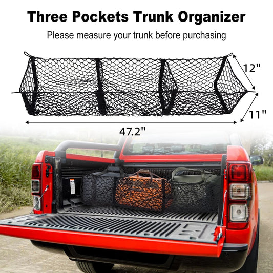 Filluck 2PCS Cargo Net for Pickup Truck Bed, 3 Pocket Trunk Organizer 47.2" Stretches to 62" Mesh Storage Net for Ford/Dodge/GMC/Chevy Silverado/Toyota/Nissan/Honda