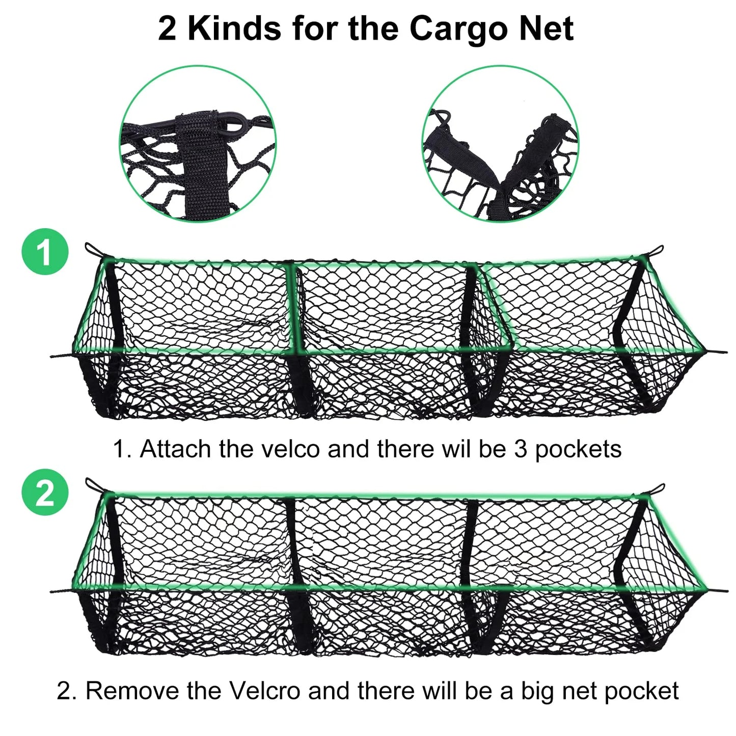 Filluck 2PCS Cargo Net for Pickup Truck Bed, 3 Pocket Trunk Organizer 47.2" Stretches to 62" Mesh Storage Net for Ford/Dodge/GMC/Chevy Silverado/Toyota/Nissan/Honda