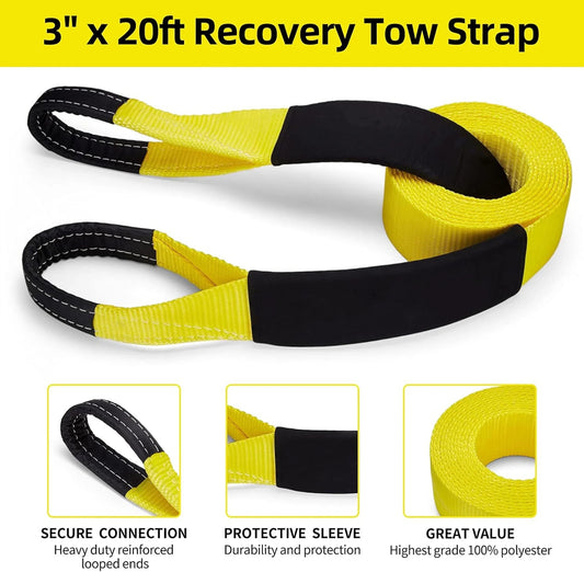 FILLUCK 3" x 20Ft Heavy Duty Tow Strap, 35,000 lbs Recovery Rope with Reinforced Loops, Sleeves & Storage Bag for Truck, SUV, Jeep, ATV