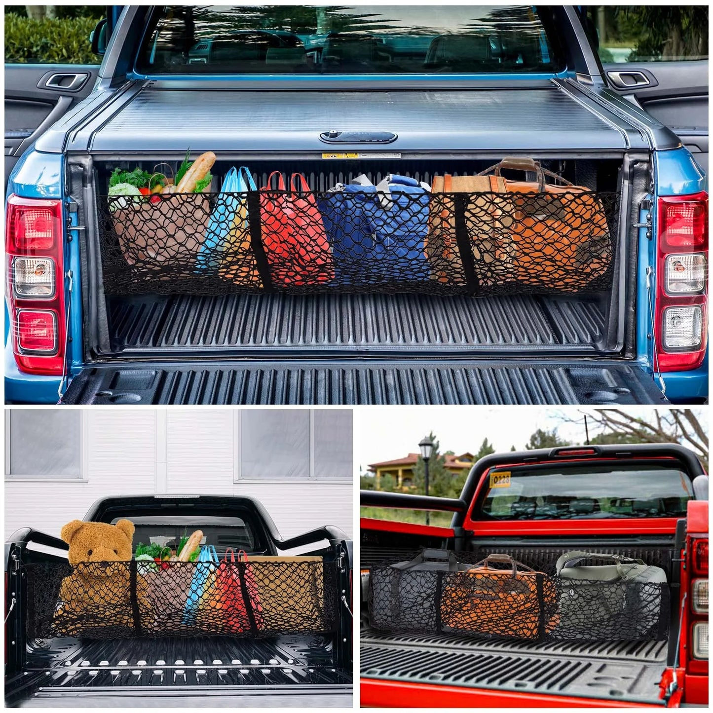 Filluck 2PCS Cargo Net for Pickup Truck Bed, 3 Pocket Trunk Organizer 47.2" Stretches to 62" Mesh Storage Net for Ford/Dodge/GMC/Chevy Silverado/Toyota/Nissan/Honda